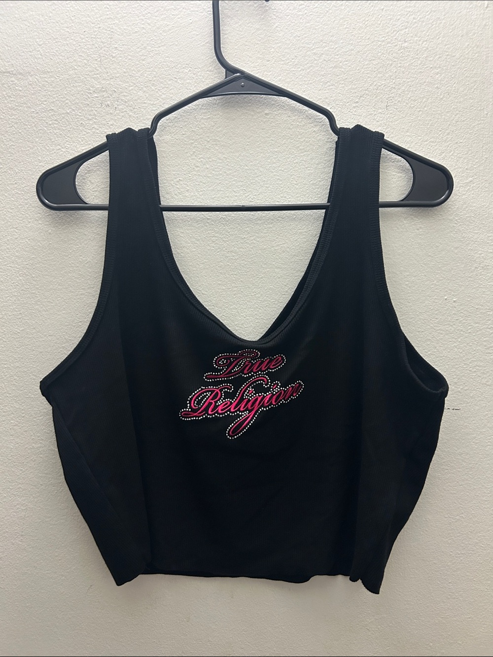 True Religion Black Tank Top with Pink & Silver Rhinestone Script